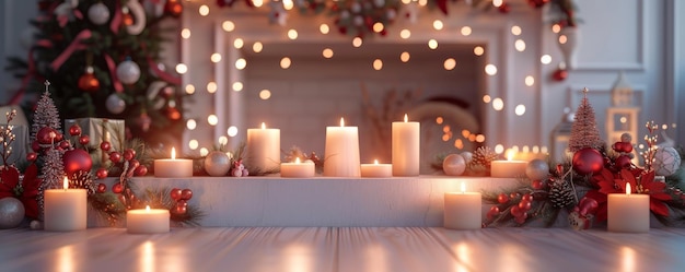 Photo cozy christmas scene with candles and festive decorations in warm lighting