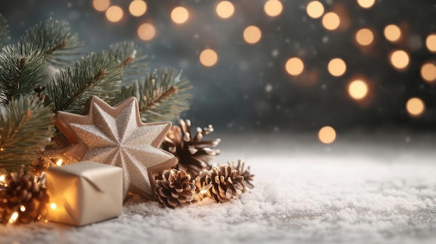 Cozy Christmas Scene with Gift Box Pine Cone and Sparkling Star Decor on Snowy Background