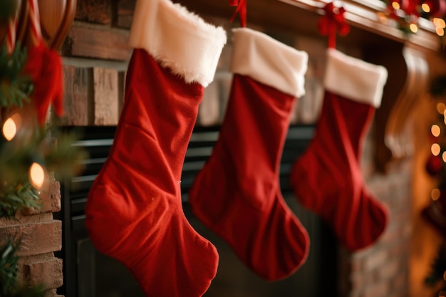 Photo cozy christmas stockings hanging by the fireplace in a festive holiday setting