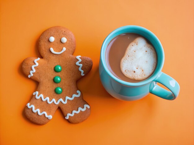 Photo cozy christmas vibe gingerbread cookie and hot chocolate on an orange backdrop ai art