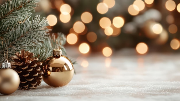 Cozy Christmas with Sparkling Pine Cones and Ornaments on Snowy Background