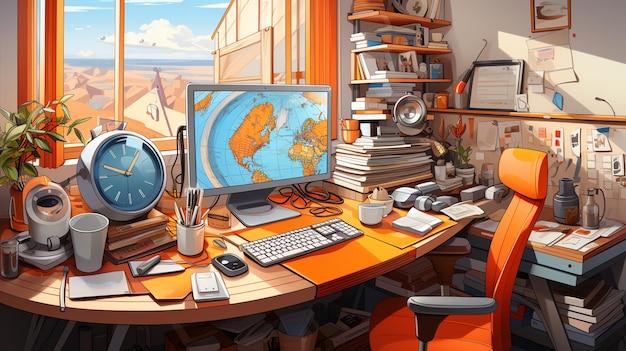 Cozy and cluttered workspace in a bright room with a computer books and office supplies on a wooden