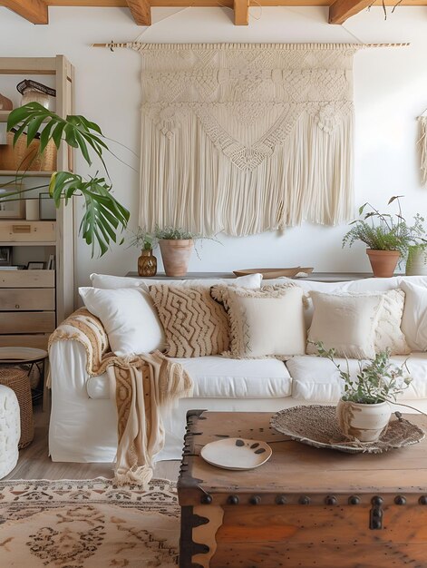 Photo cozy coastal bohemian living room with rattan furniture macrame w interior layout creative decor