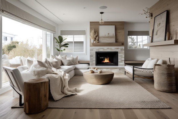 Cozy coastal home with fireplace and warm decor