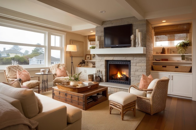 Cozy coastal home with fireplace warm and inviting