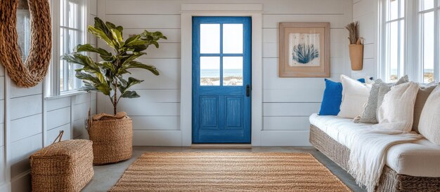 Photo cozy coastal living room with blue door and natural decor overlooking the ocean