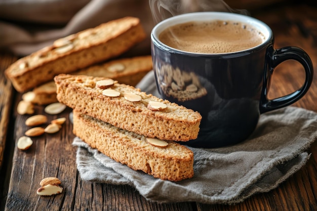 Photo cozy coffee almond biscotti rustic wooden table culinary enthusiasts