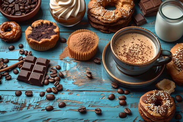 Photo cozy coffee break with assorted pastries and chocolate sweets on rustic wooden table