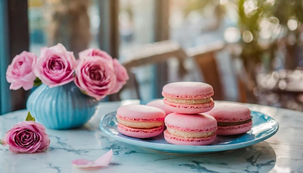 Cozy coffee break with pink macarons at cafe table Delicious hot drink and sweet dessert Blue tones