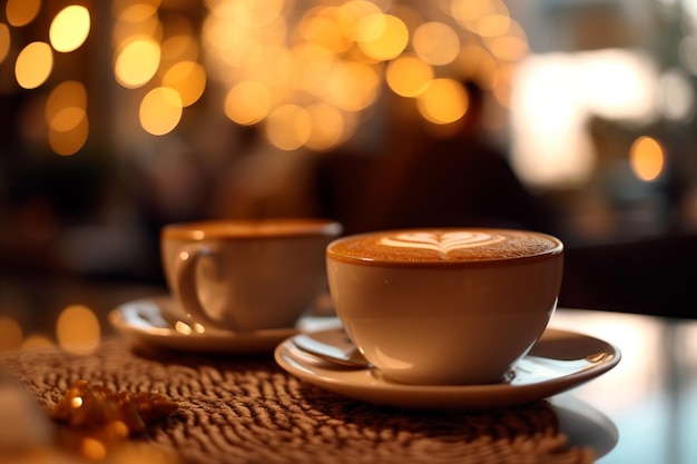 A cozy coffee cafe with a warm ambient glow soft lights creating a beautiful bokeh in the backgroun