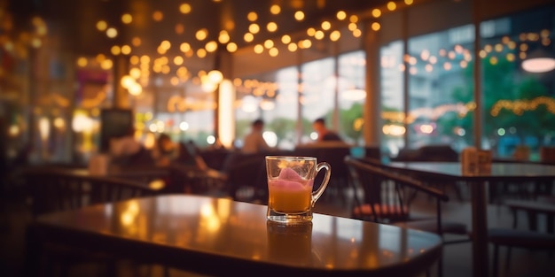 A cozy coffee cafe with a warm ambient glow soft lights creating a beautiful bokeh in the backgroun