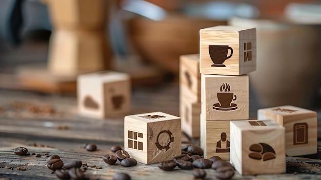 Cozy Coffee Concept with Wooden Blocks Beans and Cups Arranged on Rustic Table