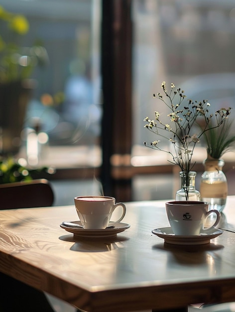 Photo cozy coffee moment warm cups and natural light in a cafe setting