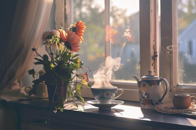 Photo cozy coffee scene by window with warm light