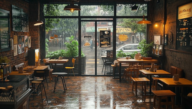 Cozy Coffee Shop Interior with Rainy Street View