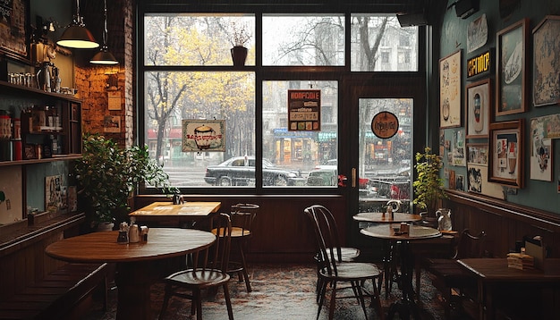 Photo cozy coffee shop interior with rainy street view