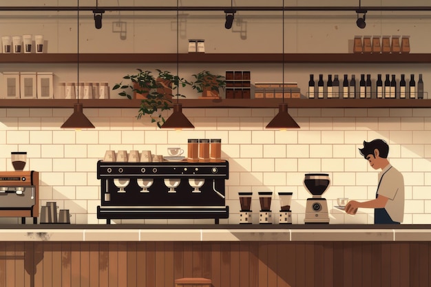 Cozy coffee shop interior with warm lighting and inviting atmosphere featuring a barista at work