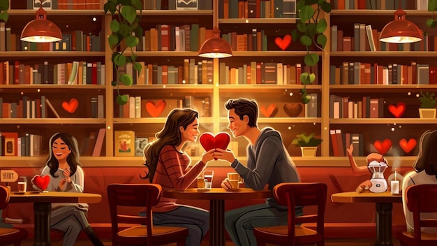 a cozy coffee shop scene with couples sipping on heart