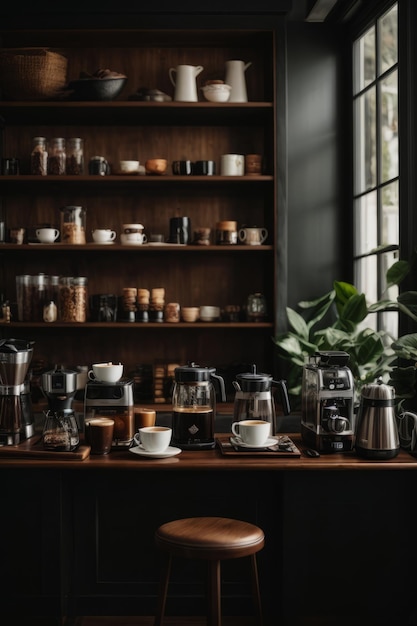 Cozy coffee shop with latte and espresso cups on a dark background Food and drinks breakfast coffee concepts