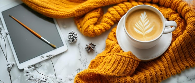 Cozy Coffee Time Knit Scarf Laptop and Mug of Cappuccino