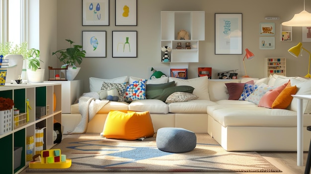 Cozy and colorful familyfriendly living room with modern furniture and playful decor