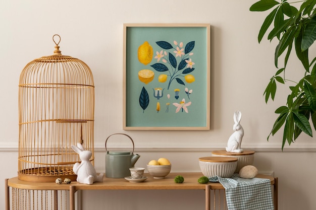 Cozy composition of easter living room interior with mock up poster frame wooden sideboard easter bunny stylish bowl wooden cage colorful easter eggs and personal accessories Home decor Template