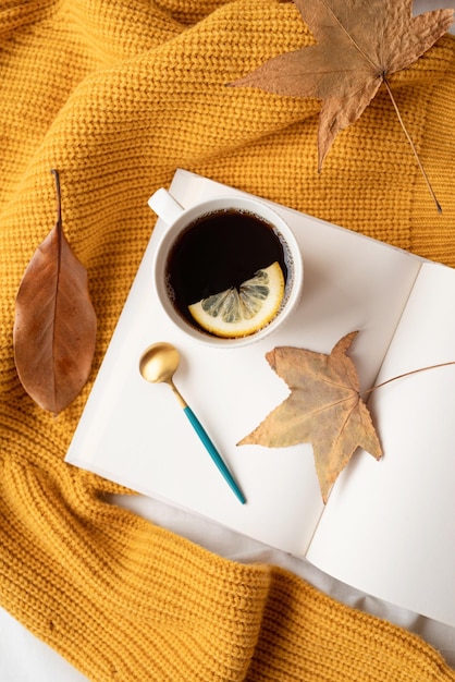 Cozy composition of warm sweater white book cup of hot tea and autumn leaves top view