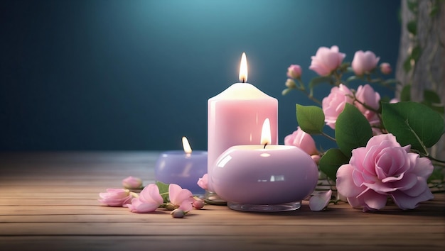 Cozy composition with aromatic candles and flowers with green leaves