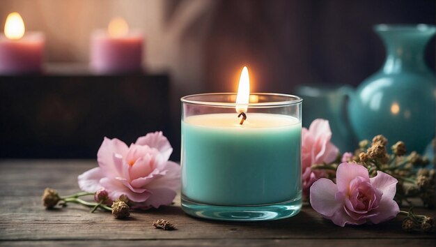 Cozy composition with aromatic candles and flowers with green leaves