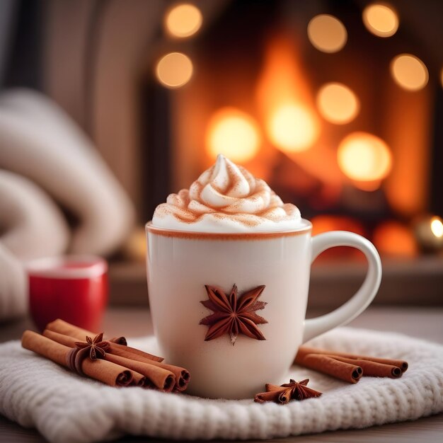 cozy composition with a christmas cup with a hot drink and cinnamon on a blurred background