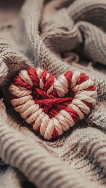 Photo cozy composition with a knitted element yarn and a heart made of threads