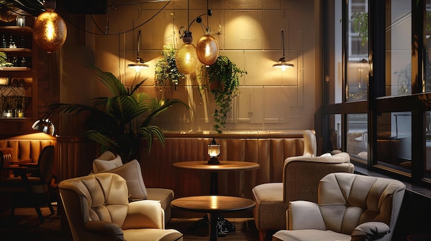 A cozy corner in a cafe with comfortable armchairs and soft lighting creating a relaxed and inviting space for patrons to unwind with a cup of coffee