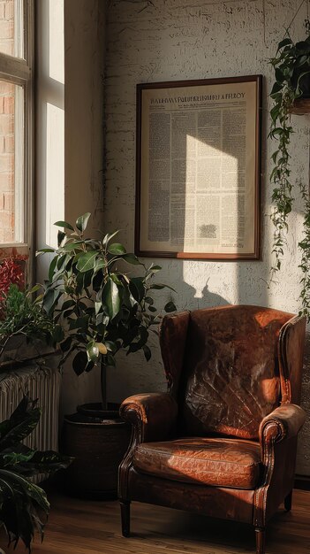 Cozy corner featuring a vintage leather chair indoor plants and sunlight streaming through window creating a warm and inviting atmosphere