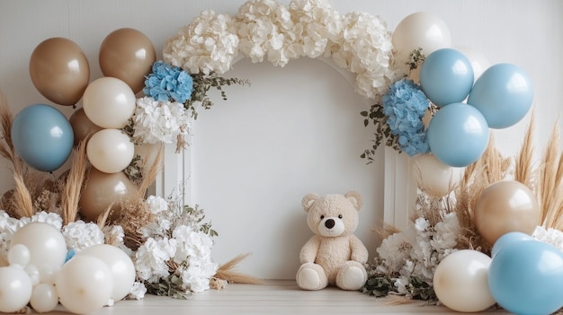 Photo a cozy corner is adorned with balloons and flowers while a cute teddy bear sits patiently creating a whimsical atmosphere perfect for festivities