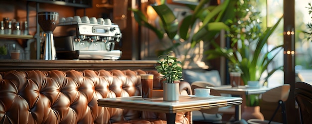 Photo cozy corner in a modern cafe with leather sofa and plants