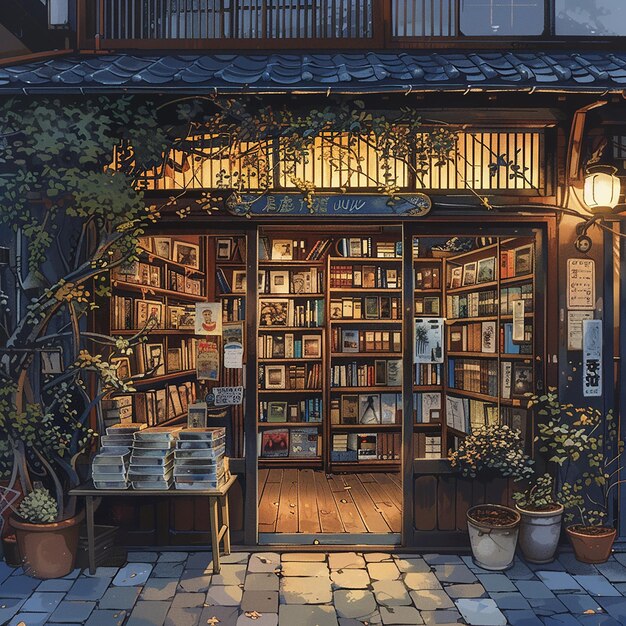 Photo cozy corner scene of a japanese bookstore by miyazaki