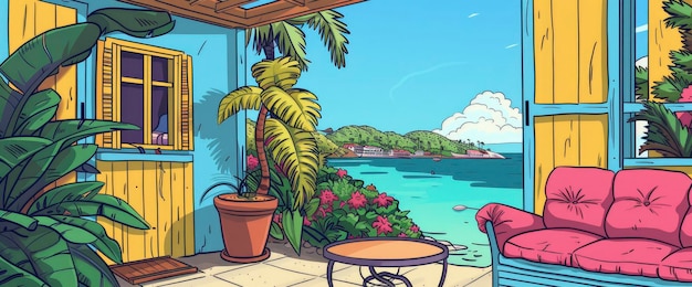 A Cozy Cottage In The Caribbean With A Table By The Window Overlooking A Lush Garden Cartoon style