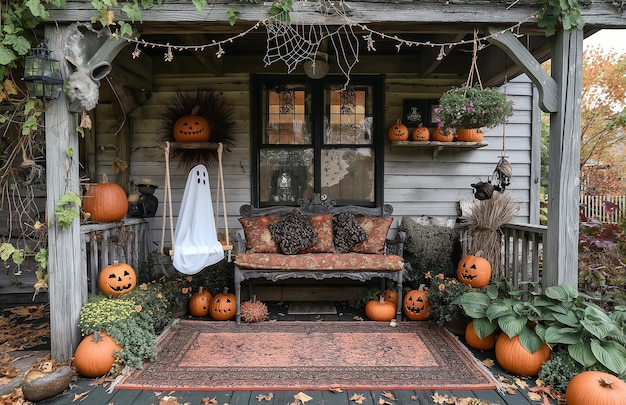 A cozy cottage decorated with pumpkin for Halloween