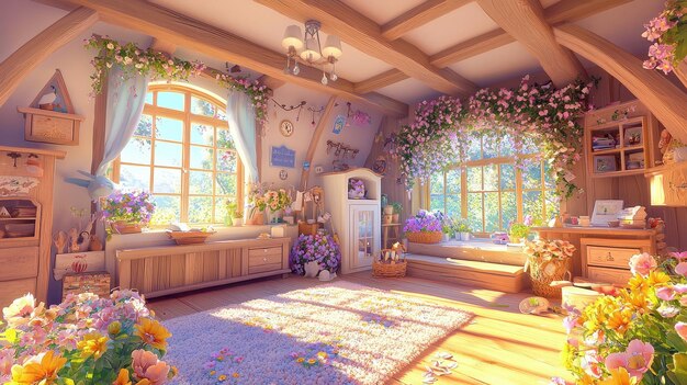 Photo cozy cottage interior with floral decor and sunbeams