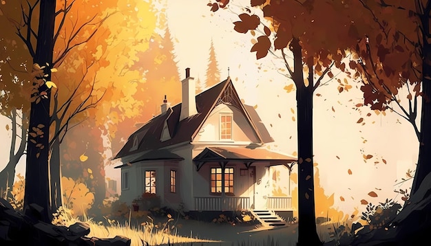 A cozy cottage nestled amidst a forest of budding digital art illustration