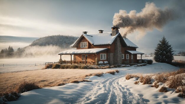 A cozy cottage nestled in a snowy countryside landscape with smoke rising from the chimney