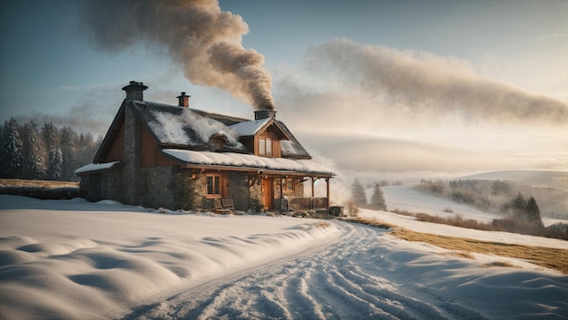 A cozy cottage nestled in a snowy countryside landscape with smoke rising from the chimney