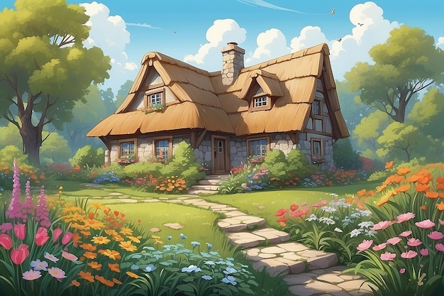 Cozy Cottage Among Tall Grass Illustration