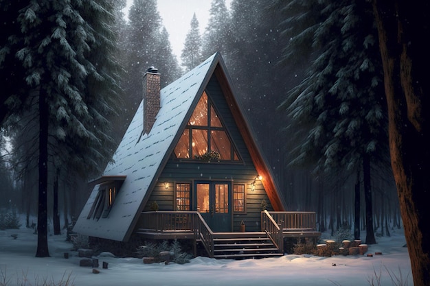 Cozy country aframe cabin with porch in winter forest