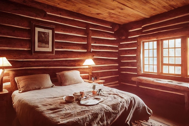 Cozy country bedroom with large bed and breakfast on it