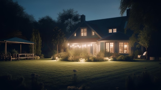 cozy country house illuminated with warm lighting and an attractive garden at dusk