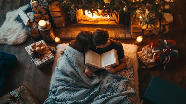 Cozy couple reads together by the fireplace surrounded by holiday decorations and gifts in a warmly lit living room setting