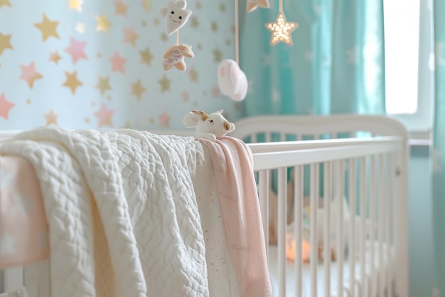 Photo cozy crib with white blanket and toys