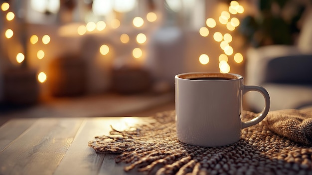 Cozy Cup of Hot Drink with Warm Lights