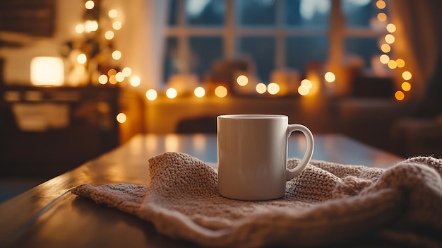 Cozy Cup of Hot Drink with Warm Lights